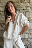 Basso Button Drape Cap Sleeve Shirt Calico